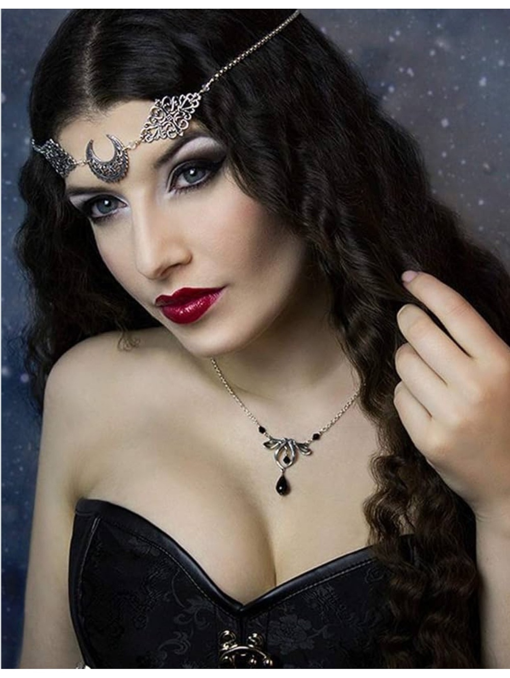 Silver Crescent Moon Head Chain Gothic Boho Festival Bridal Hair Jewelry Tiara